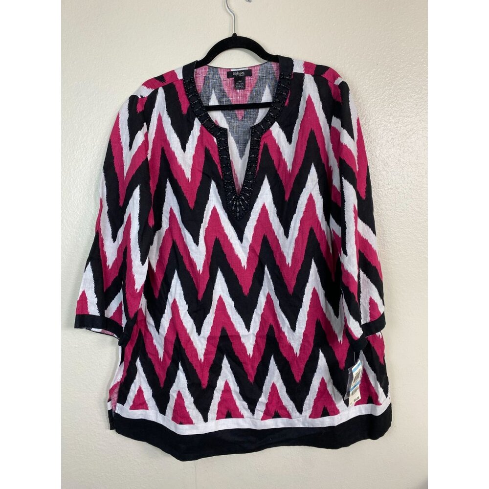 New Linen Chevron Linen Tunic Top Plus size 20W Style & Co Pink Black Lagenlook